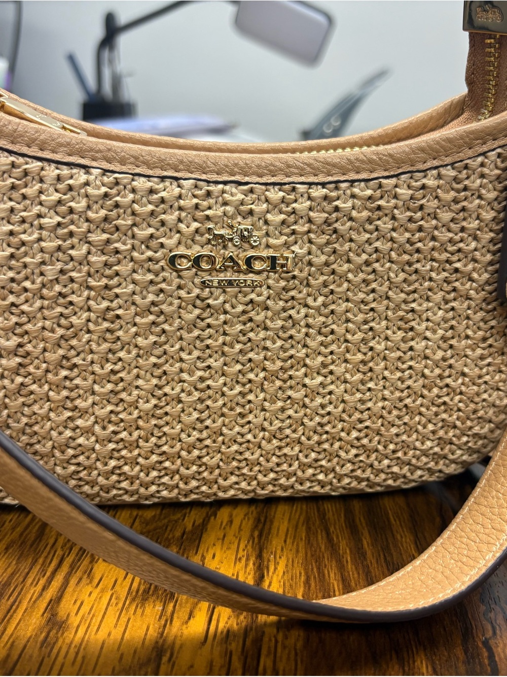 Coach Woven Tan Shoulder Bag with Gold Logo